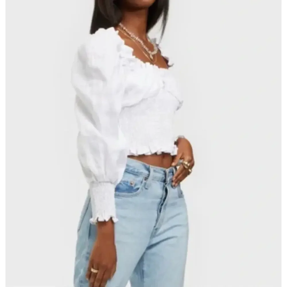 Faithfull the Brand Bel Rose White Smocked Off Shoulder Crop Top Size L